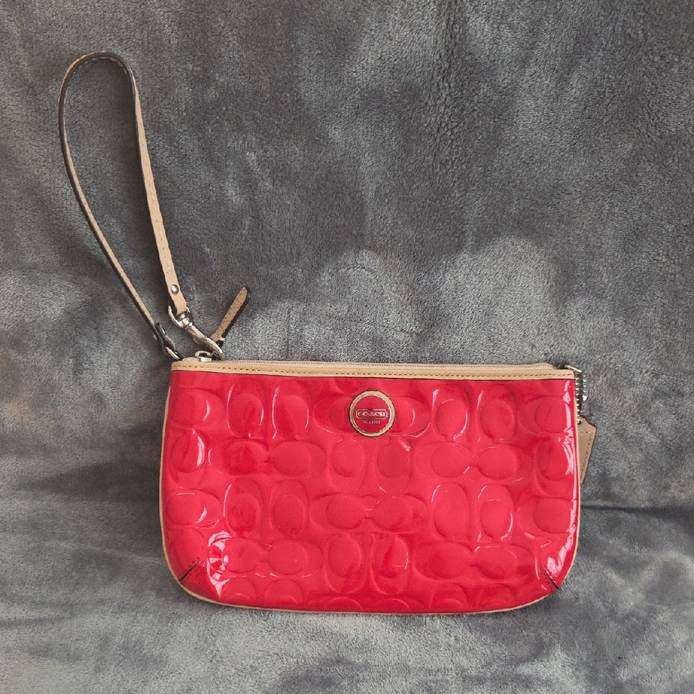 Coach Red Embossed Wristlet with Tan Trim
